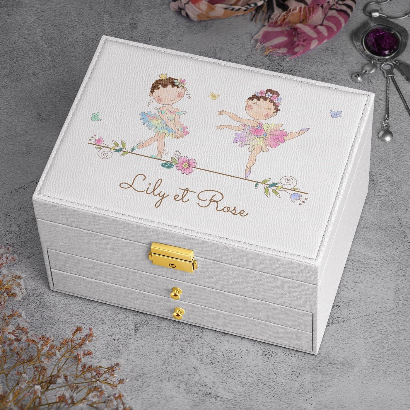 Caja de joyas blanca Murrano con impresión para el aniversario de gemelas
