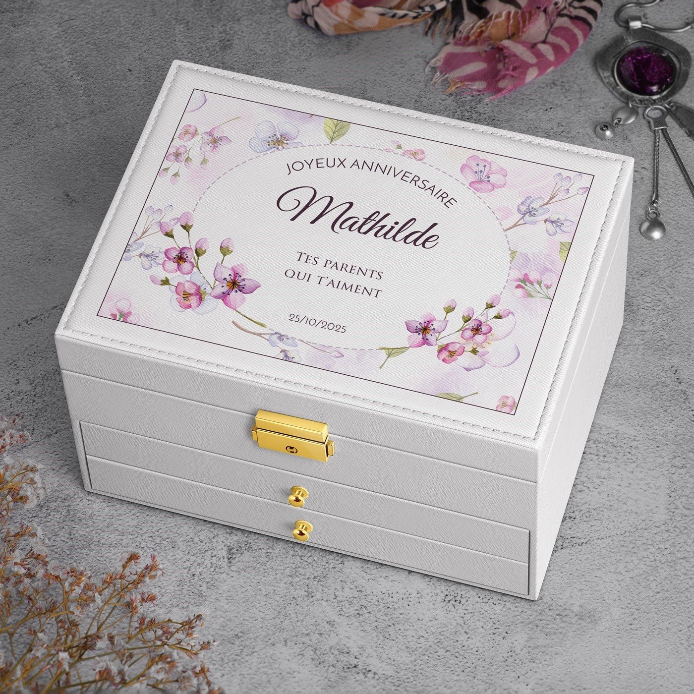 Caja de joyas blanca Murrano con impresión para cumpleaños de niña