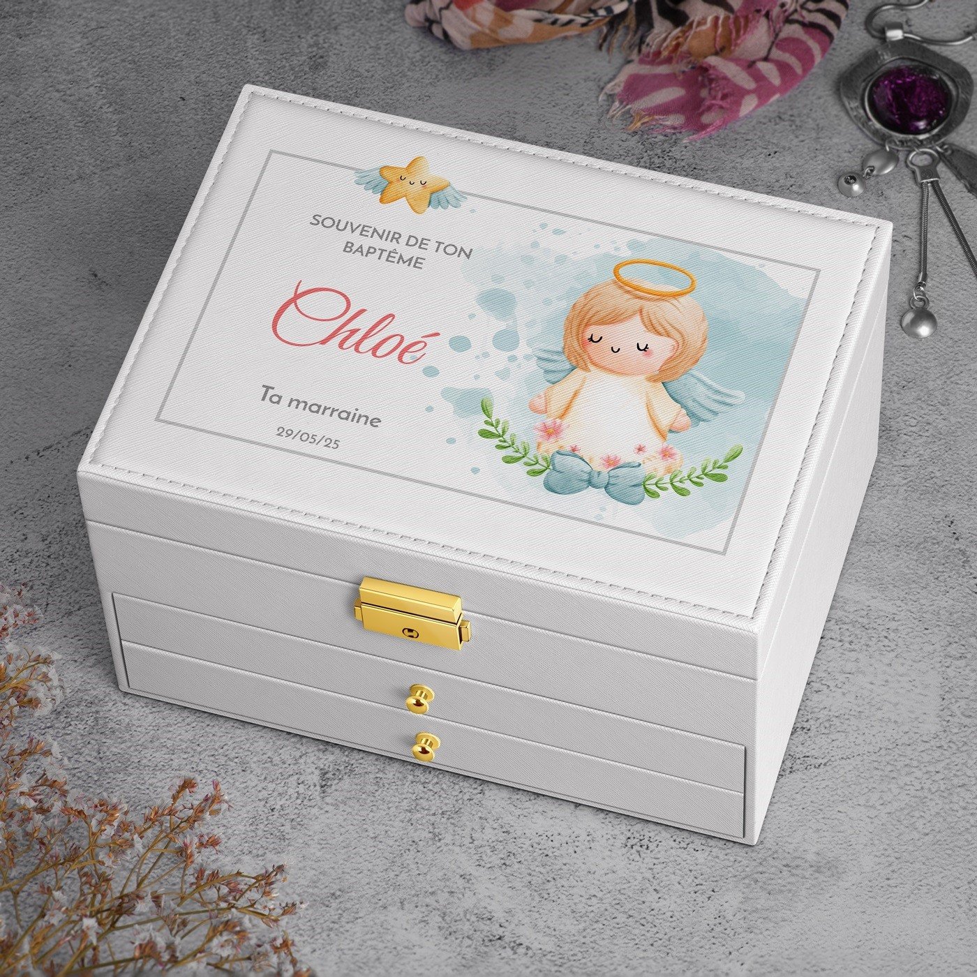 Cajón de joyas Murrano personalizado - Blanco para el cumpleaños de su ahijada