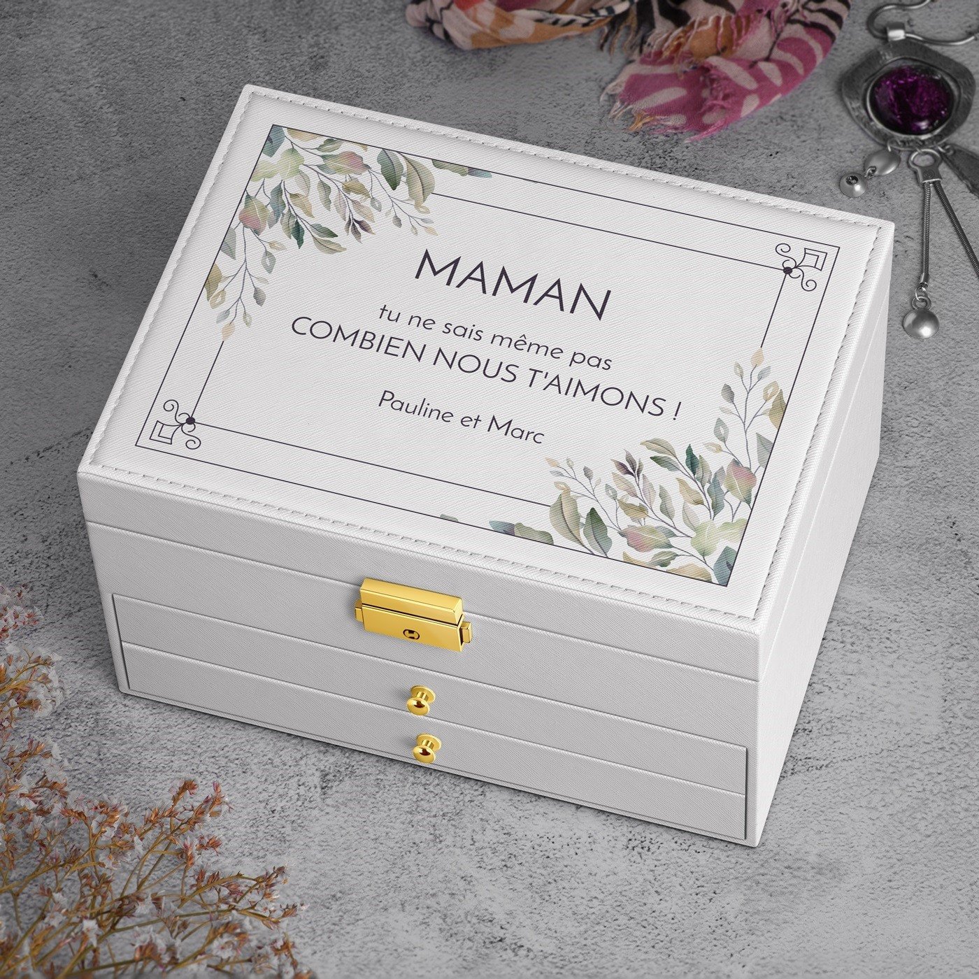 Caja de joyas blanca Murrano con impresión para el Día de las Madres