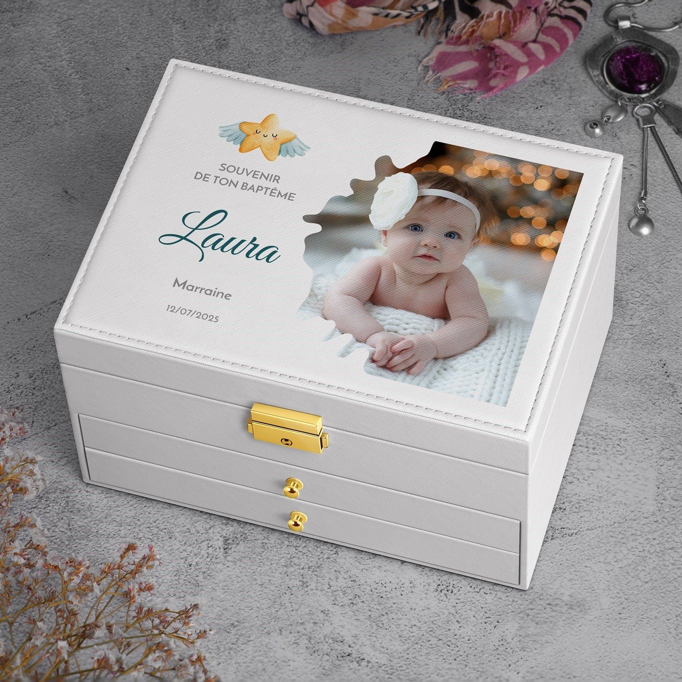 Caja de joyas personalizada Murrano - Blanca para el bautismo o regalo de cumpleaños de ahijada