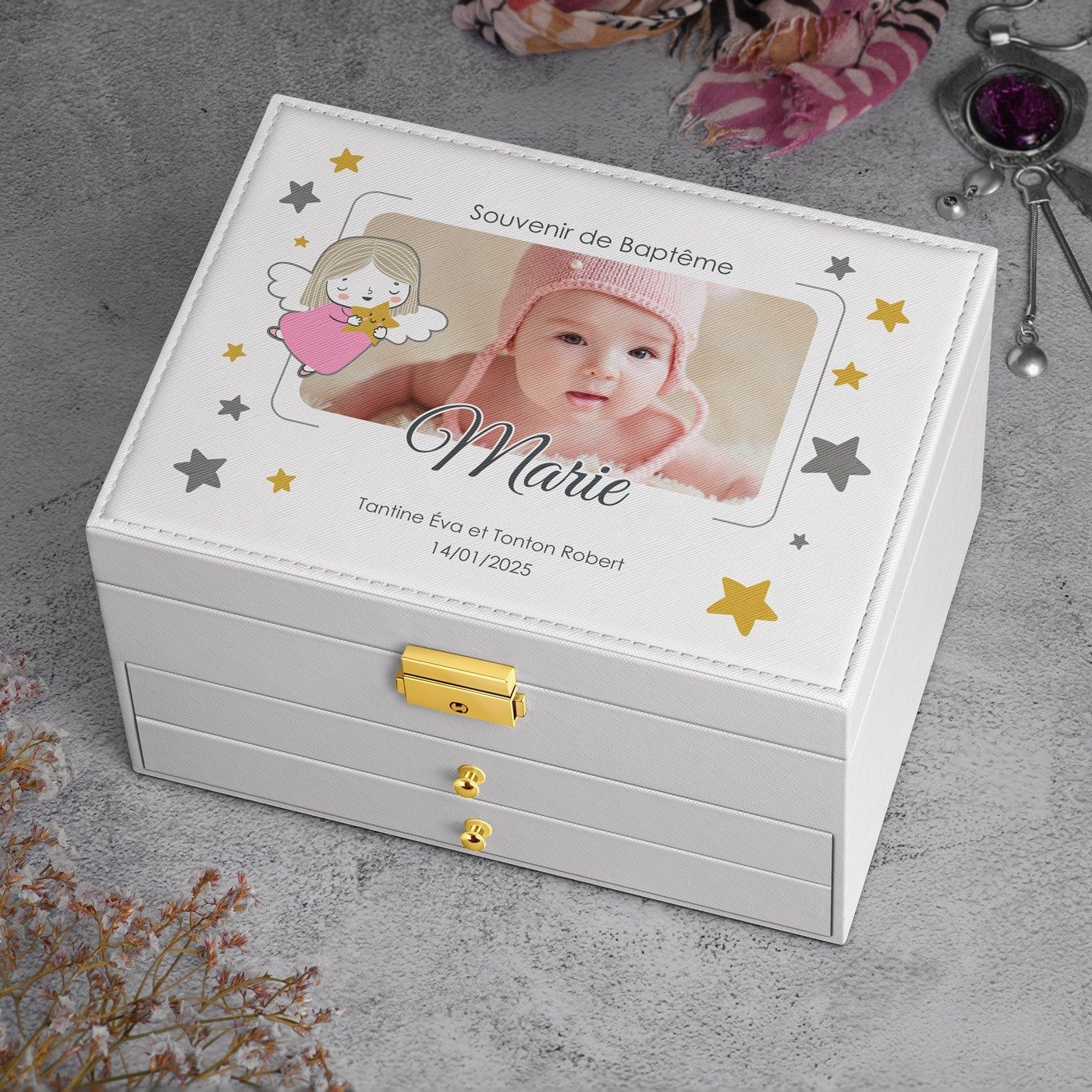 Caja de joyas blanca Murrano con foto para el bautismo de mi sobrina