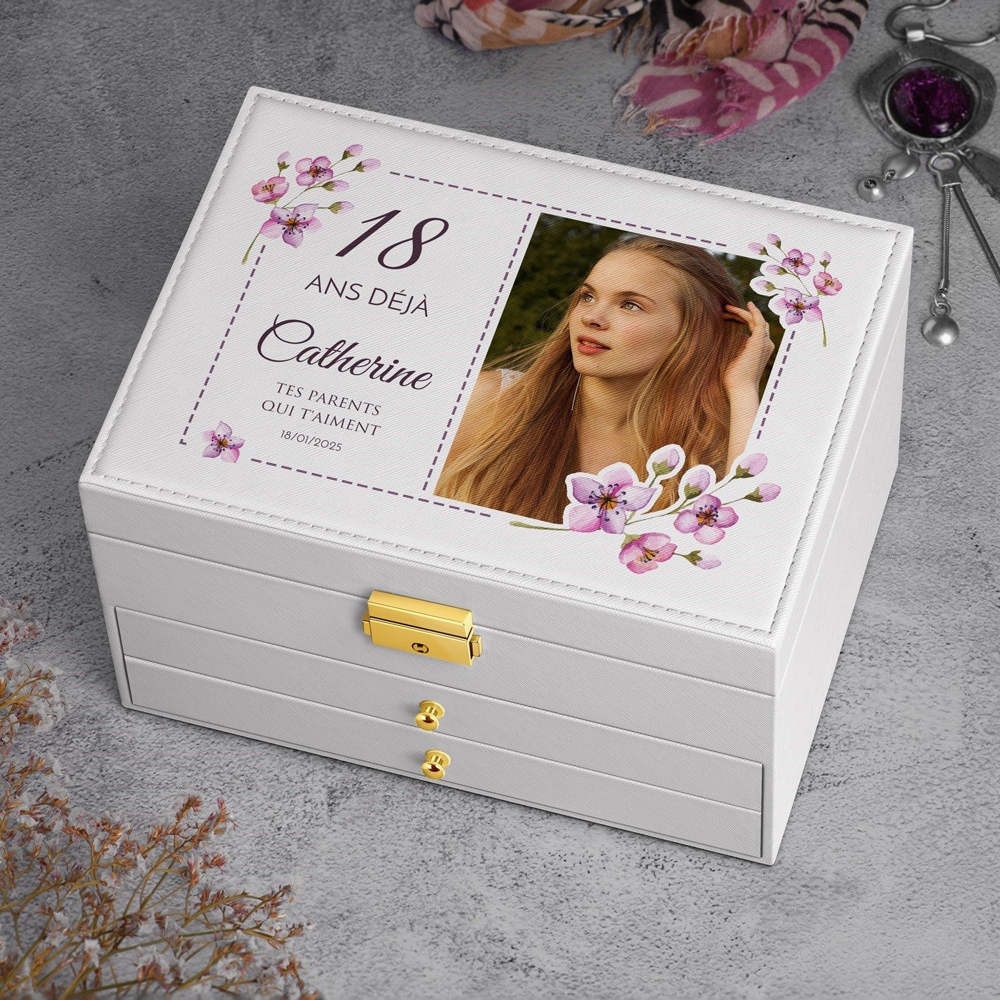 Murrano White Jewelry Box with Photo for 18th Birthday Girl
