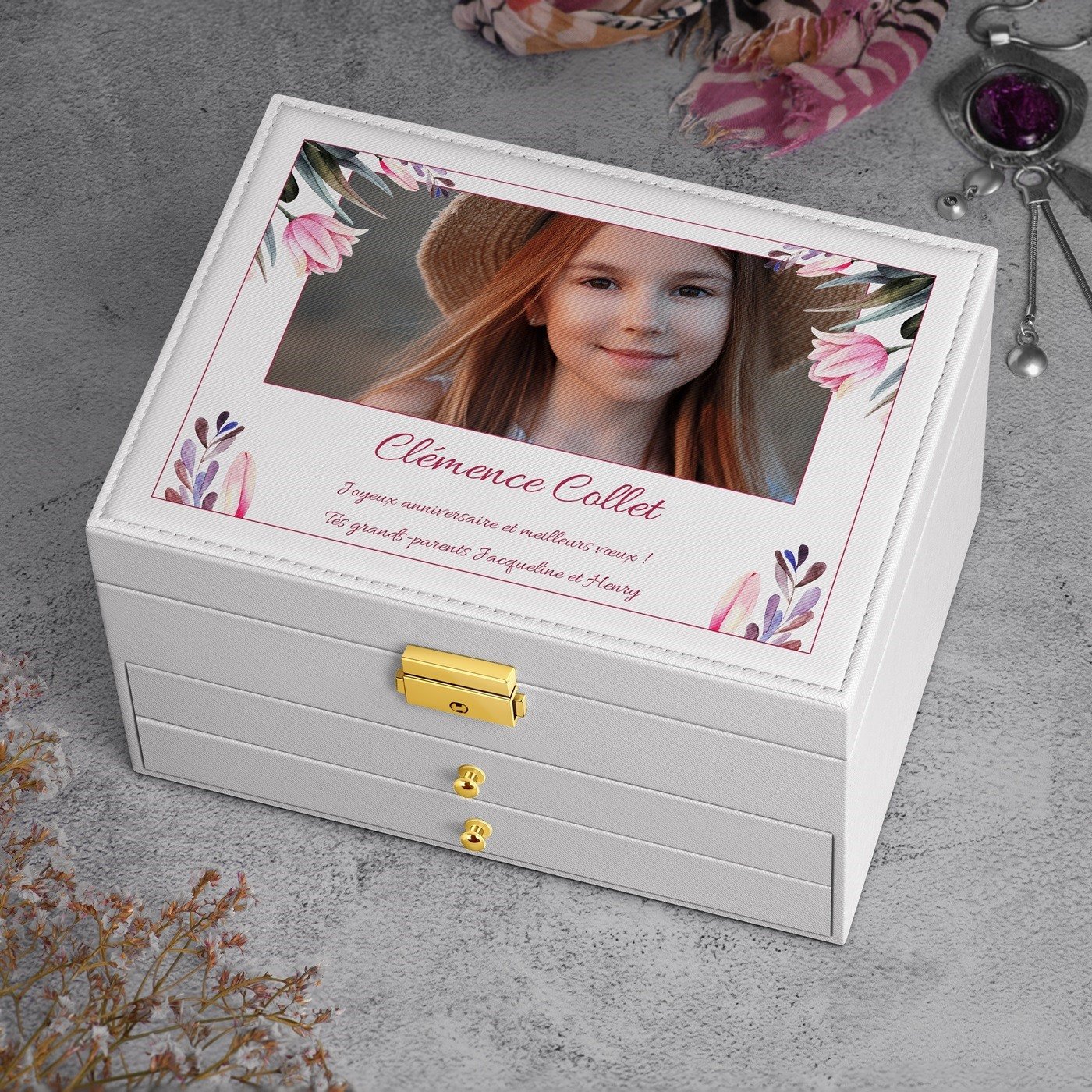 Caja de joyas personalizada Murrano - Blanca con foto para el cumpleaños de mi nieta