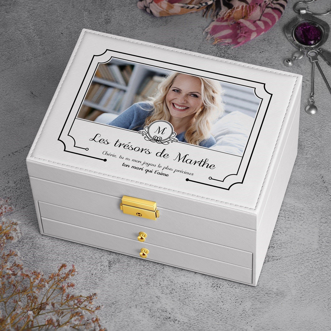 Caja de joyas Murrano personalizada - Blanca con foto para esposa en aniversario de boda