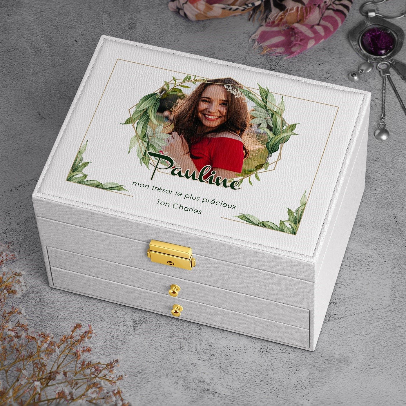 Caja de joyas blanca personalizada de Murrano con foto para esposa en el Día de San Valentín
