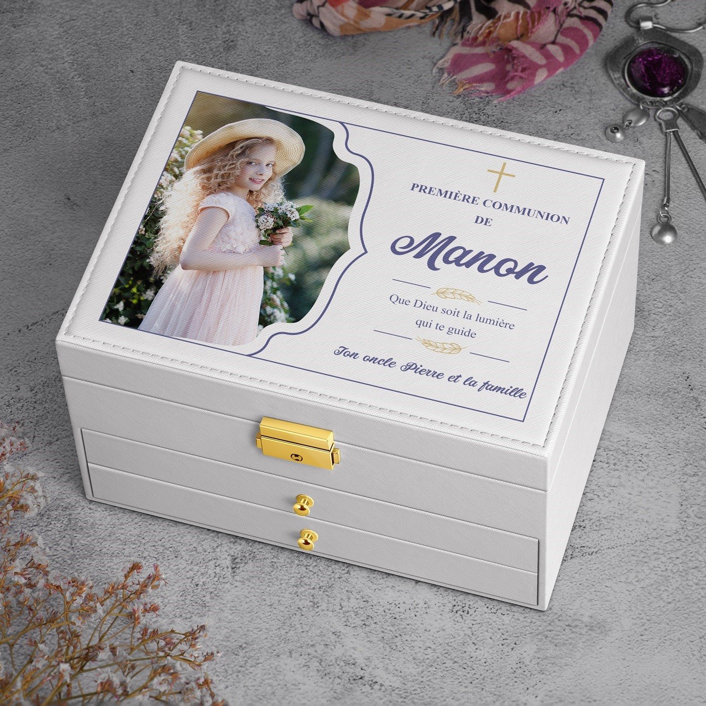 Cajón de joyas blanco personalizado con foto para la primera comunión de mi sobrina