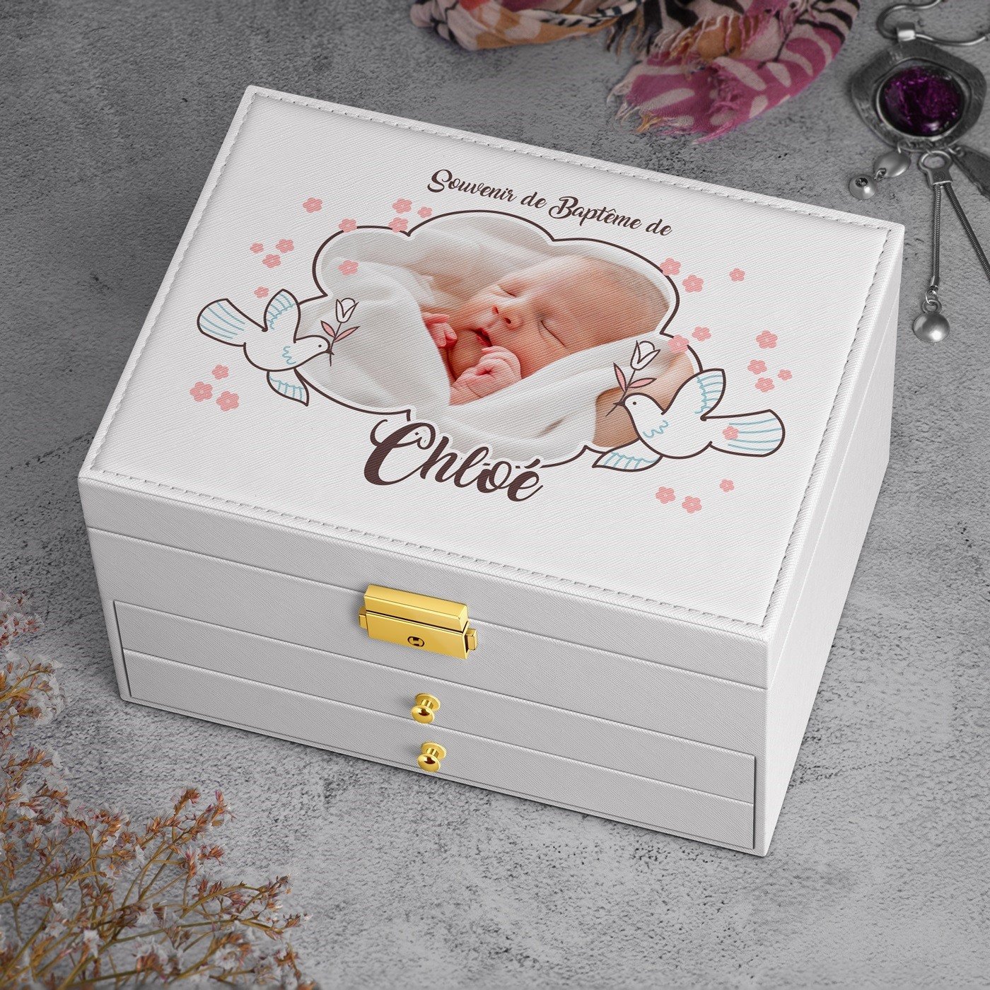 Cajón de joyas Murrano personalizado - Blanco con foto para el bautismo de un bebé