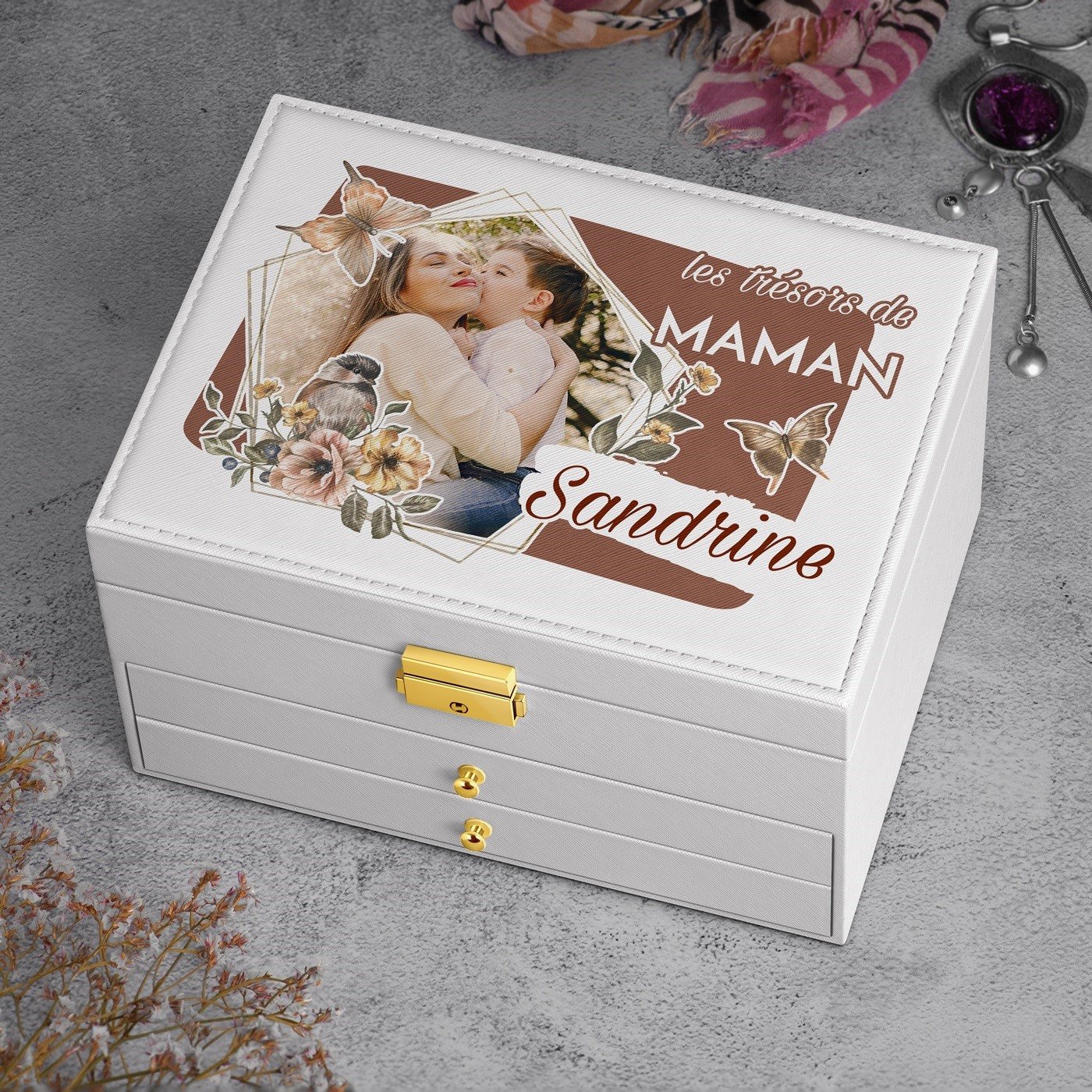 Cajón de joyas blanco personalizado para mamá