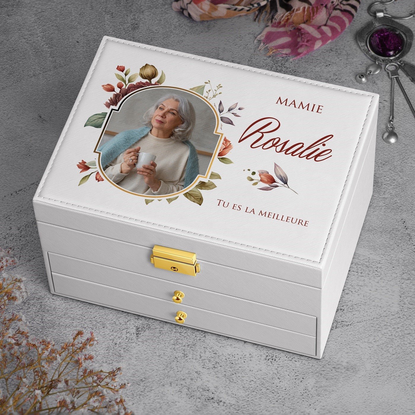 Cajón de joyas personalizado Murrano - Blanco con foto para el Día de las Abuelas