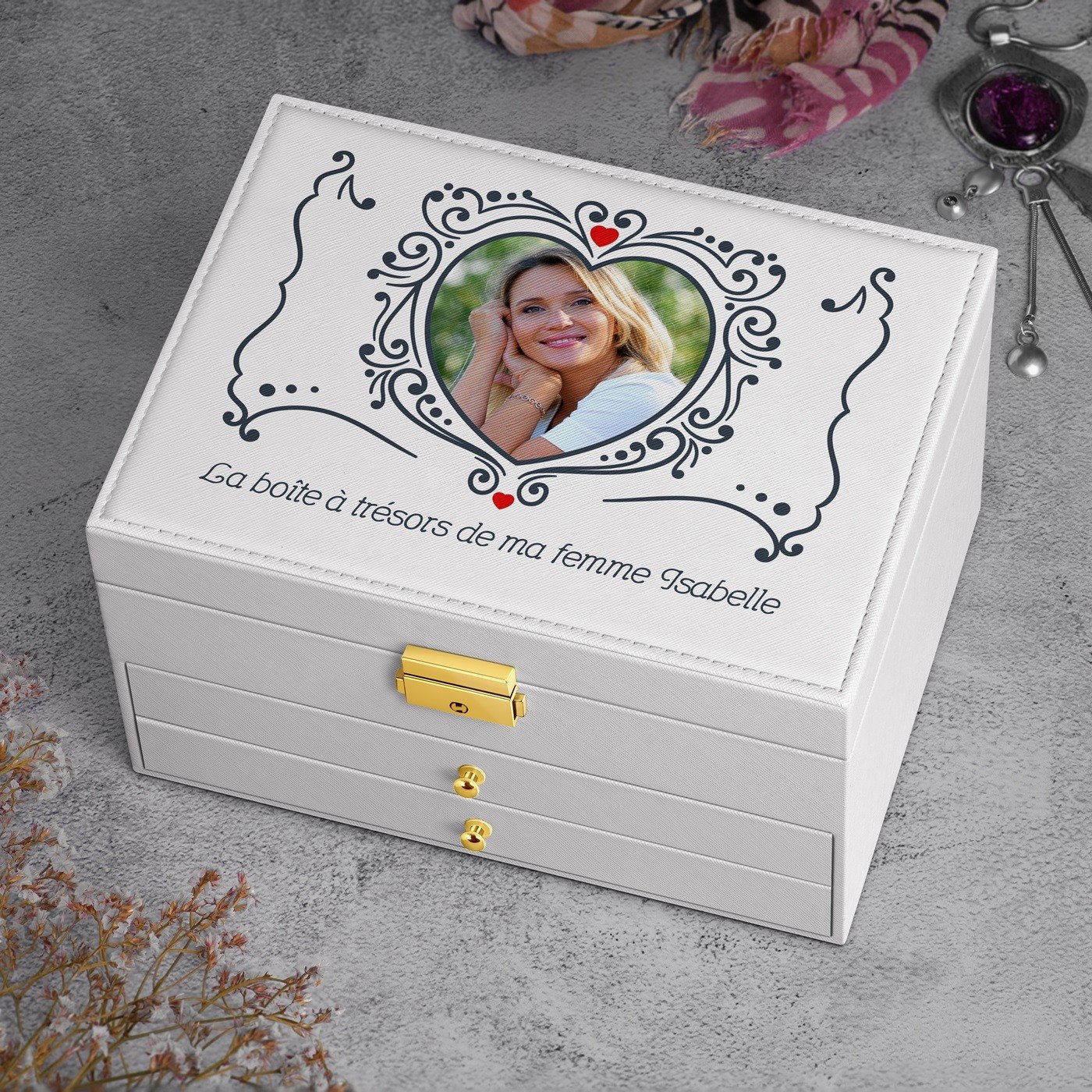 Caja de joyas blanca de Murrano con foto para ella en el Día de San Valentín