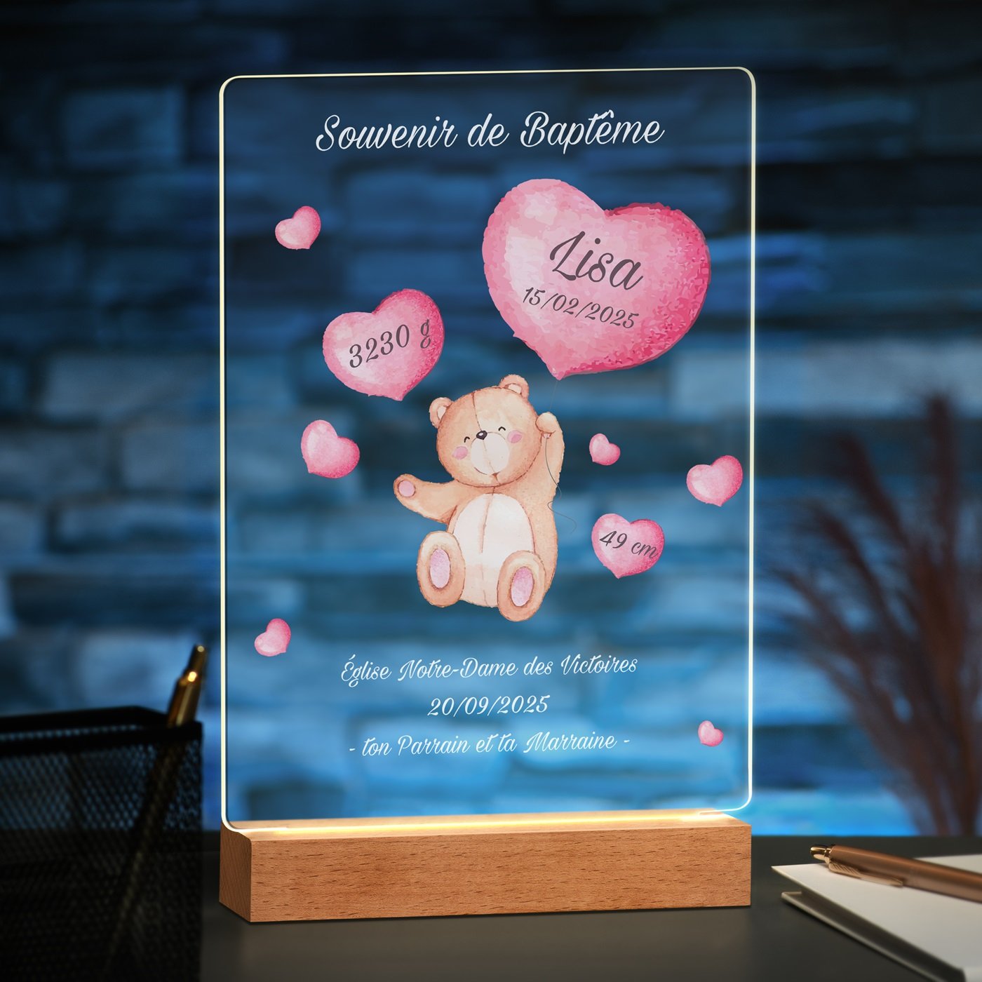 Lámpara LED personalizada tamaño XL de Murrano para madrina de bautismo