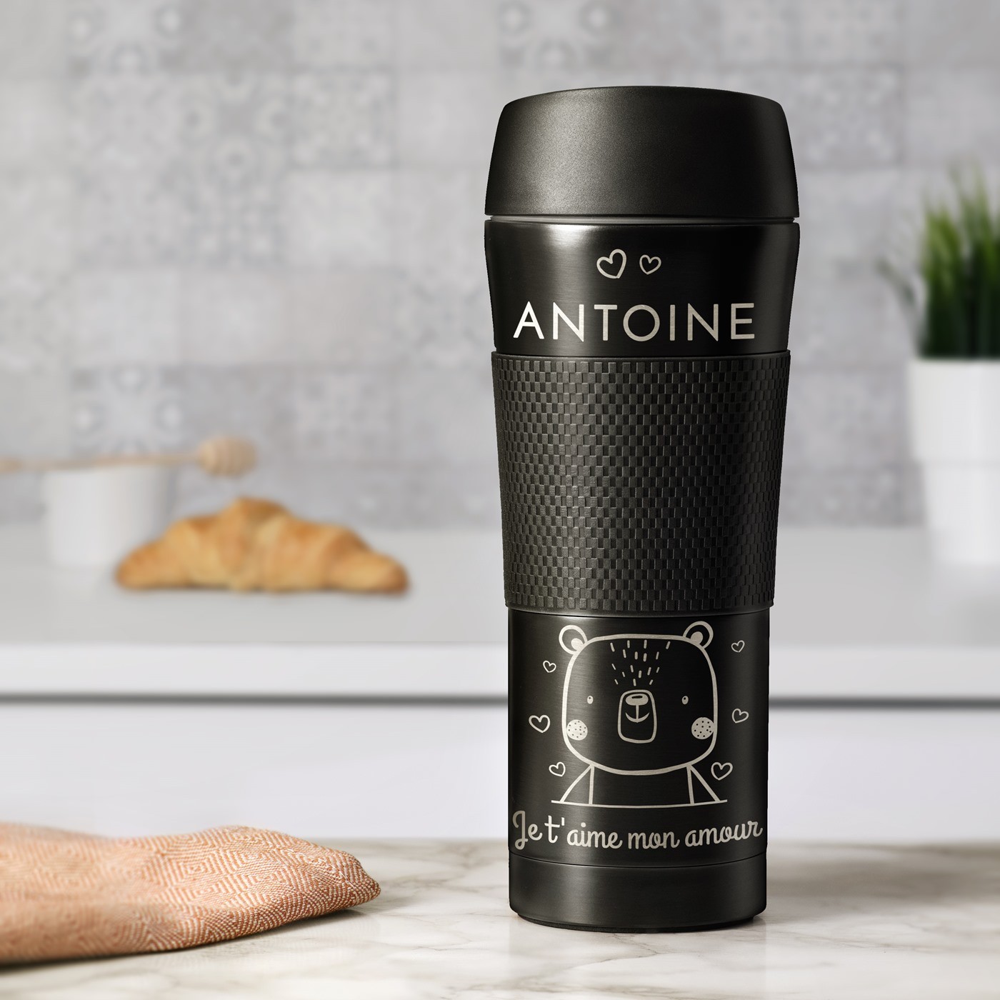 Tasse thermique noire Murrano avec poignée antidérapante et gravure pour un mari pour la Saint-Valentin