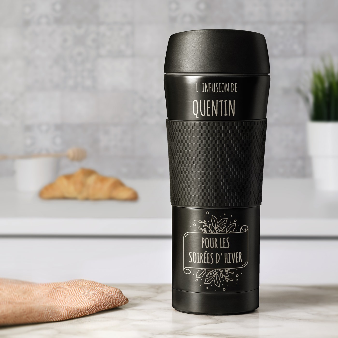 Taza Aislante Murrano - Negra con Base Antideslizante de Silicona y Grabado Personalizado