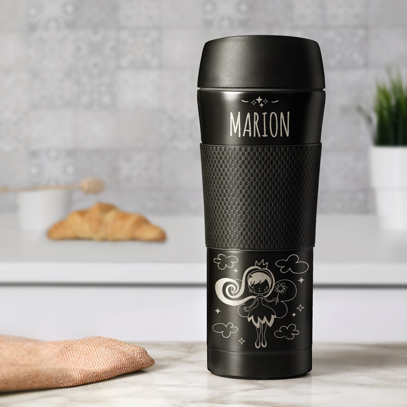 Taza Aislamiento Murrano - Negra con Banda Antideslizante de Silicona y Grabado Personalizado para Niñas