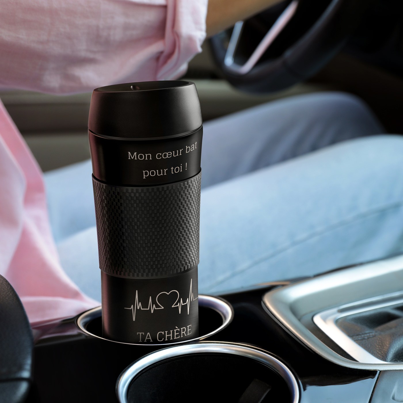 Taza de viaje Murrano - Negra con agarre antideslizante y grabado para hombres, regalo para el Día de San Valentín