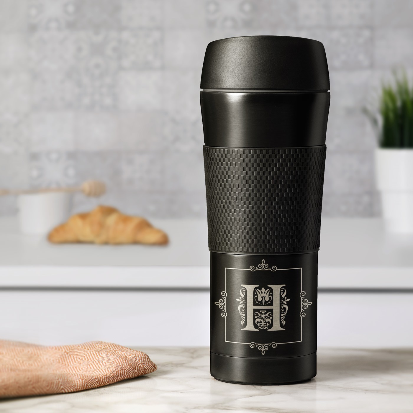 Taza térmica personalizada de Murrano negra con agarre antideslizante