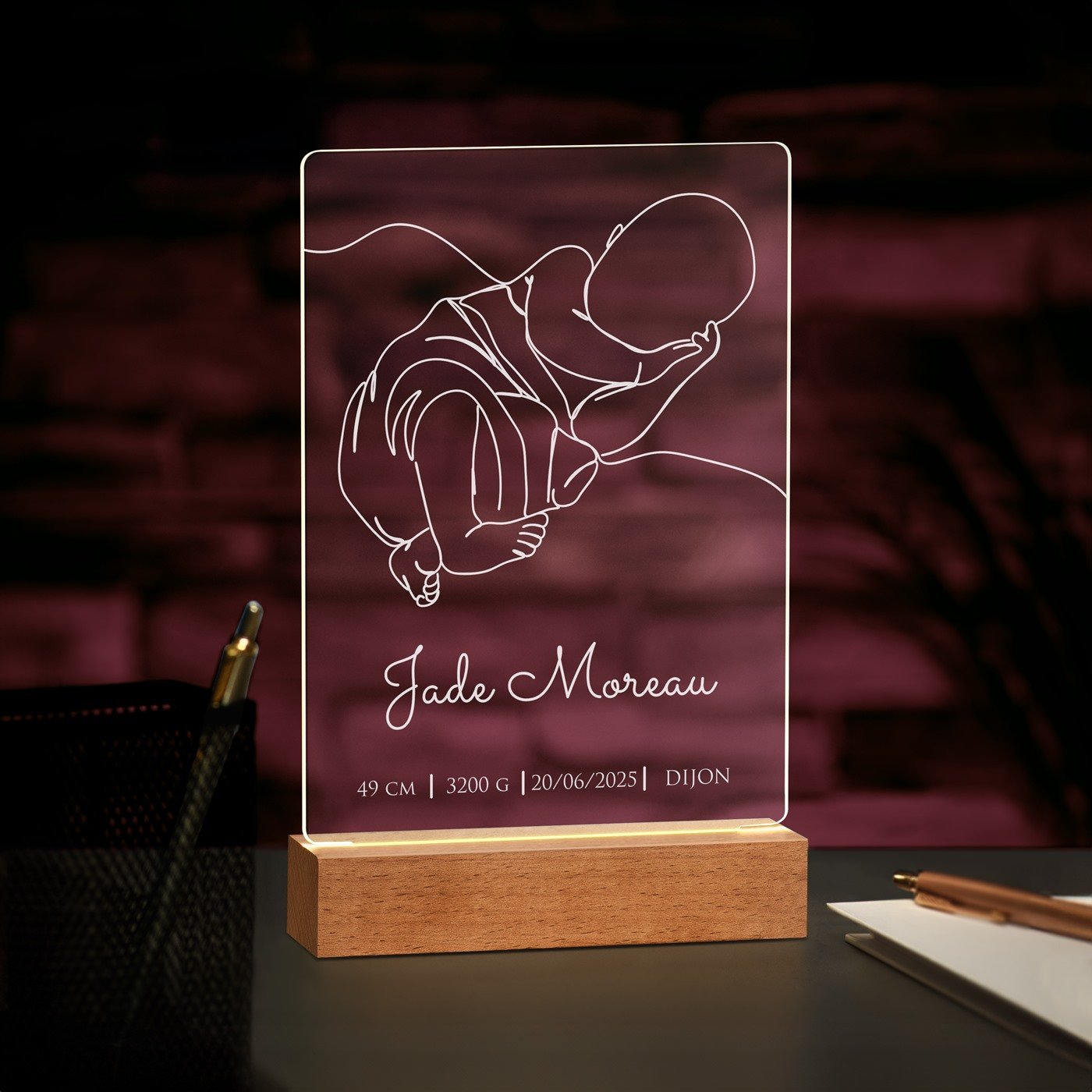 Lámpara LED personalizada de Murrano - Tamaño L para el nacimiento de un bebé