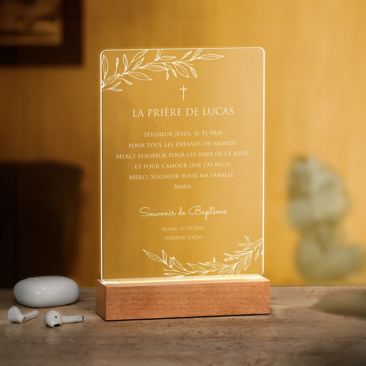Lámpara LED personalizada Murrano - Tamaño L para el bautismo del niño