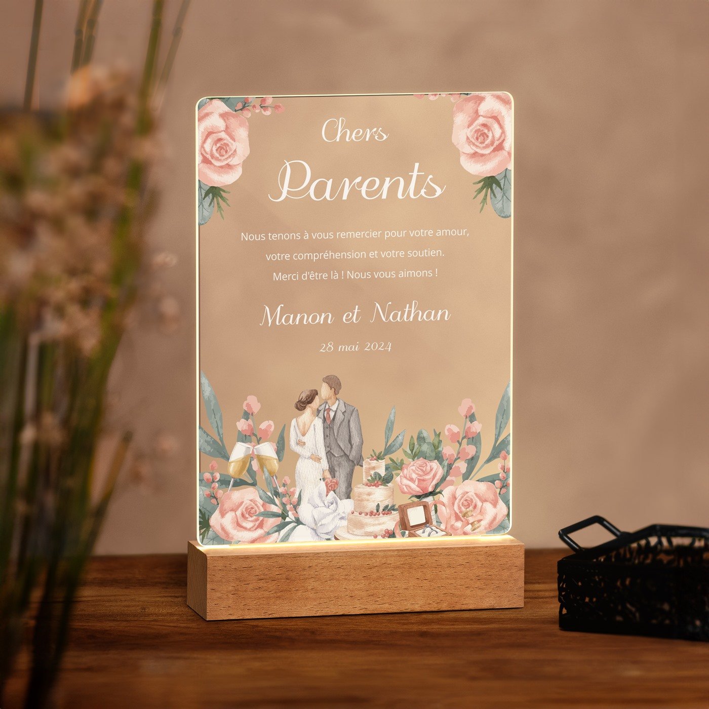 Lámpara LED personalizada Murrano - Tamaño grande para agradecimientos de boda de los padres