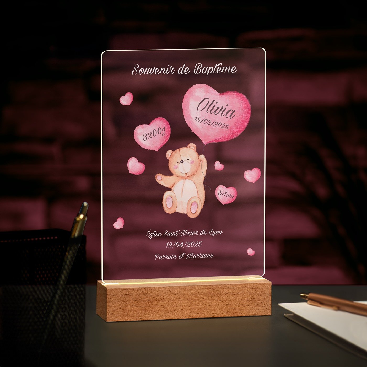 Lámpara LED personalizada Murrano - Tamaño grande para ahijada en el bautismo