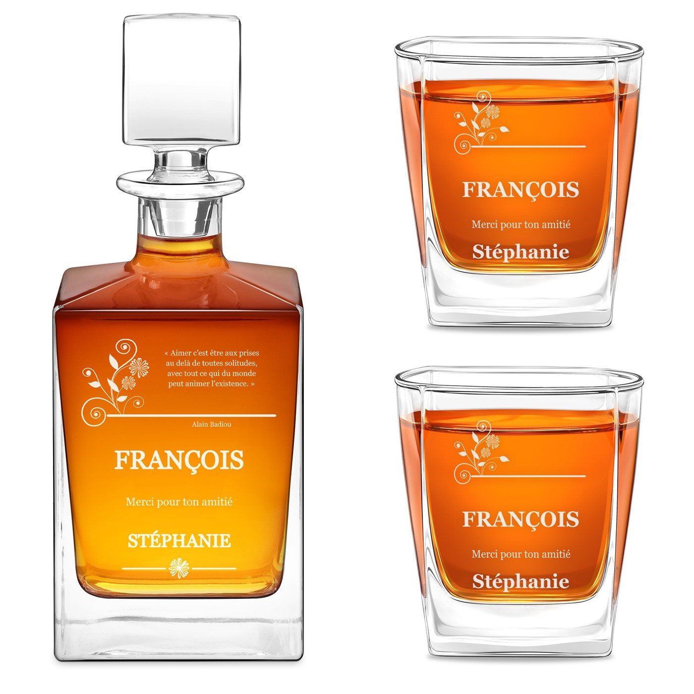 Set de cáfara y vasos de whisky Murrano con grabado personalizado
