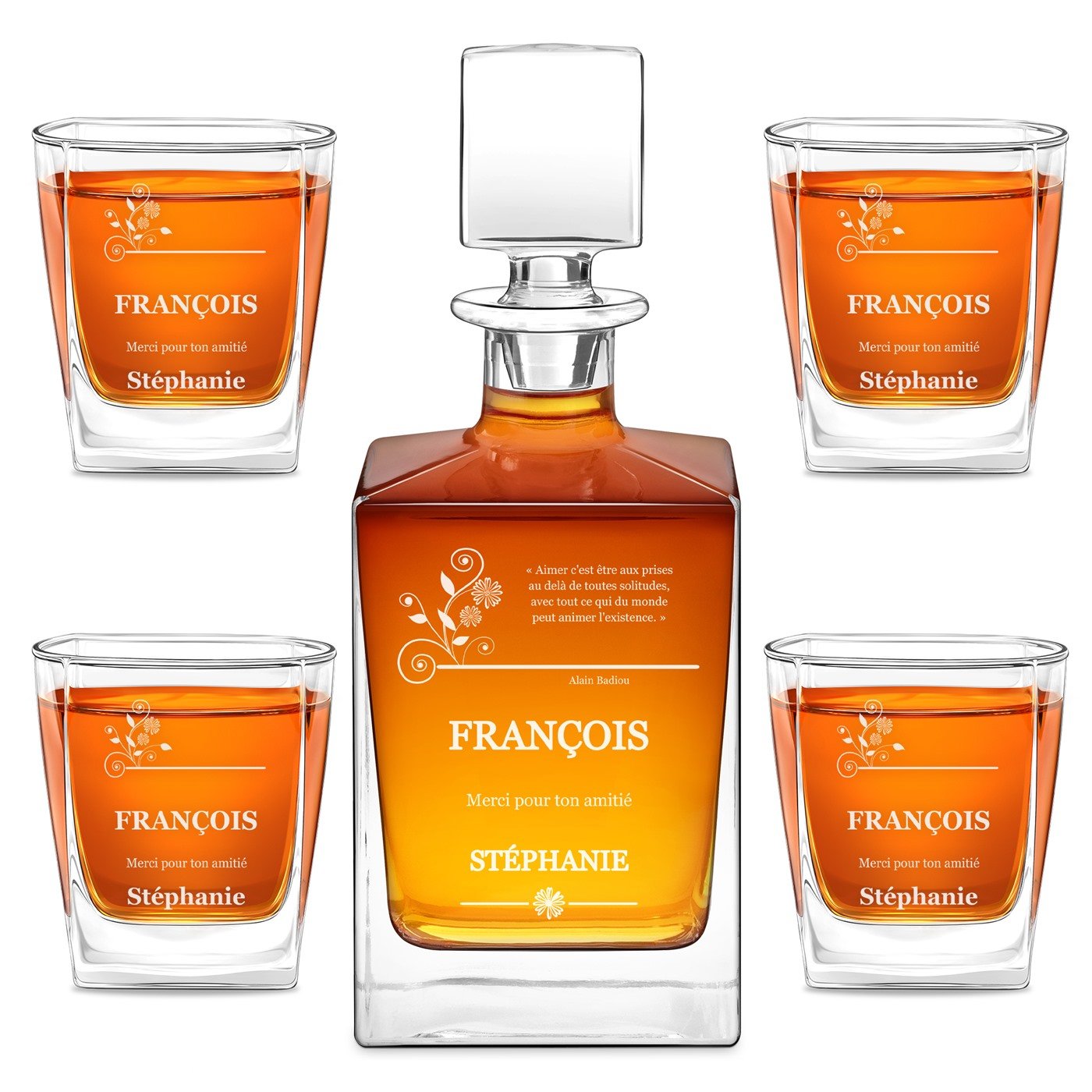 Murrano Cube Carafe and 4 Whisky Glasses with Laser Engraving for Him