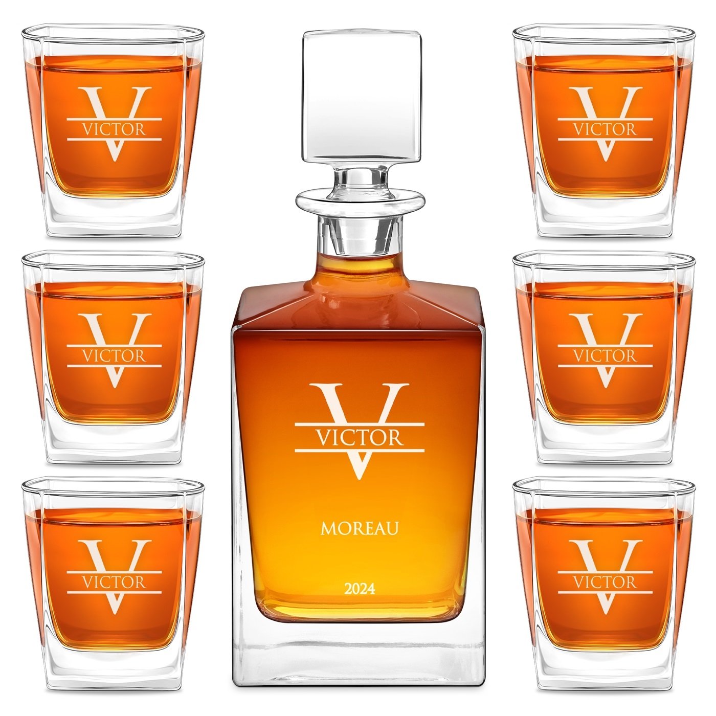 Decantador Cubo Murrano y 4 Vasos de Whisky con Grabado