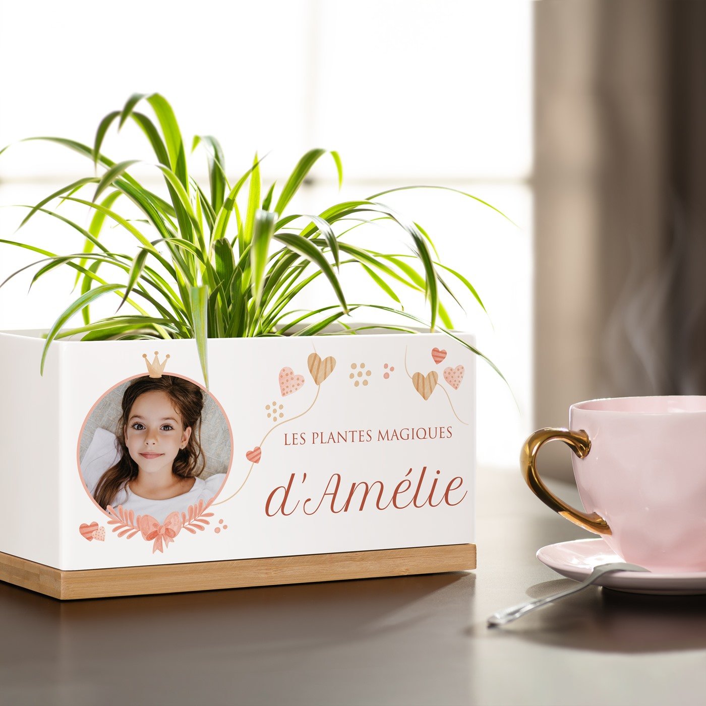 Maceta rectangular de cerámica con impresión y foto para la comunión de una niña