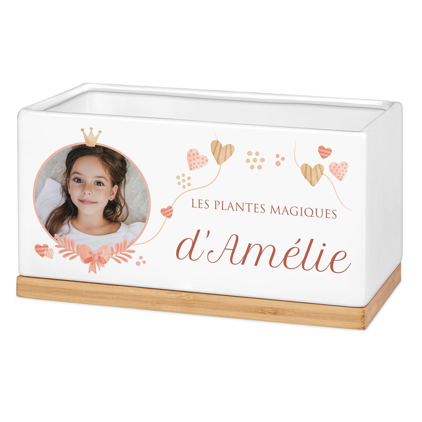Maceta rectangular de cerámica con impresión y foto para la comunión de una niña