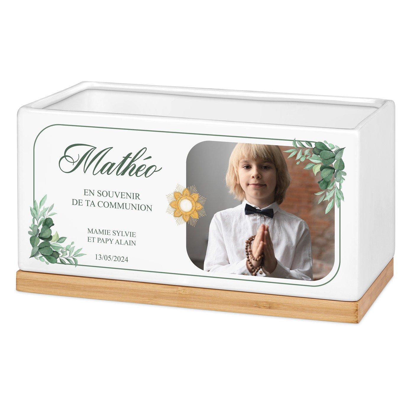 Maceta rectangular de cerámica Murrano con foto personalizada para la comunión de su nieto