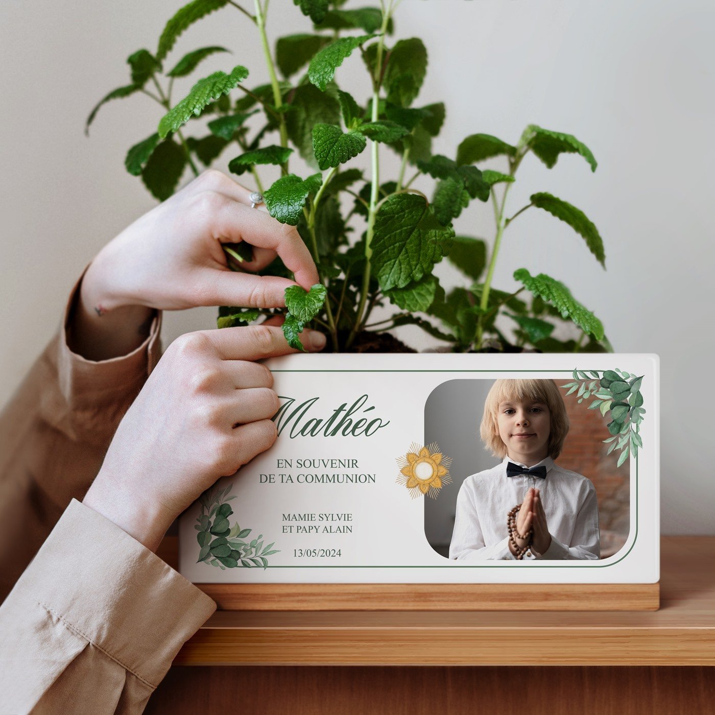 Maceta rectangular de cerámica Murrano con foto personalizada para la comunión de su nieto