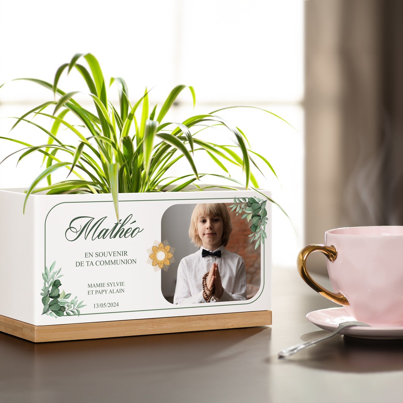 Maceta rectangular de cerámica Murrano con foto personalizada para la comunión de su nieto