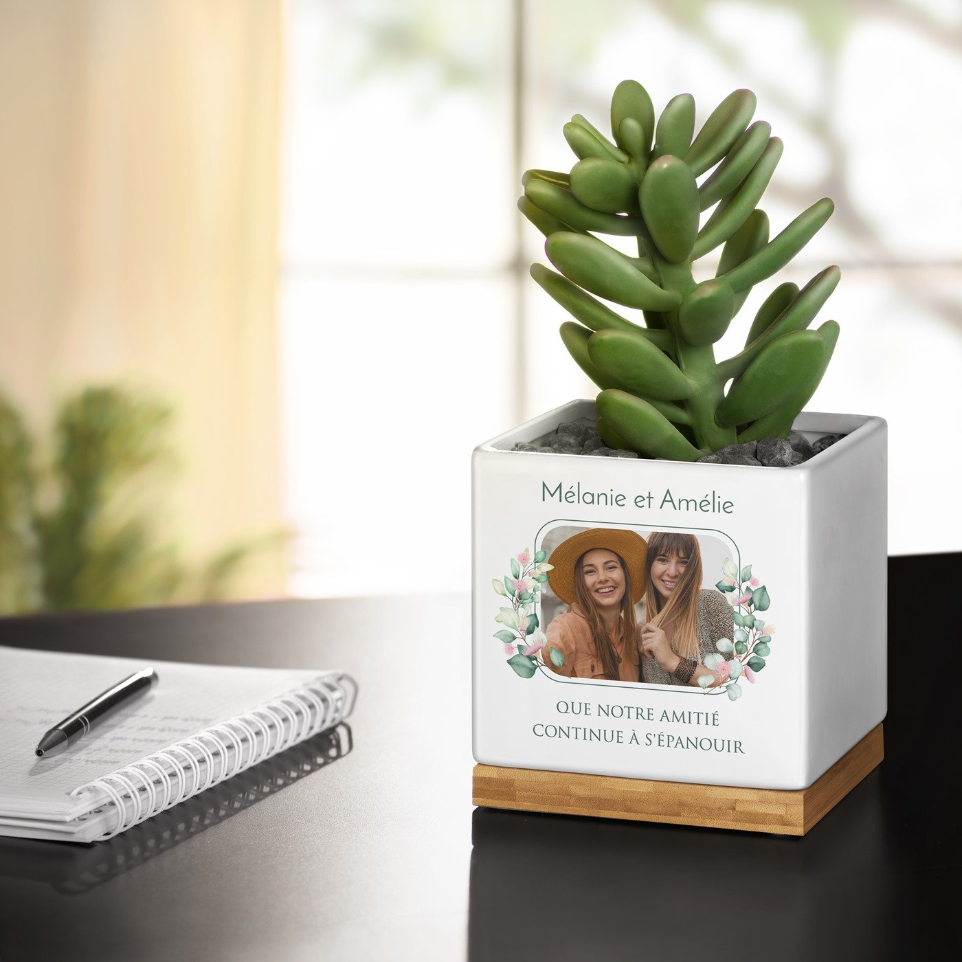 Maceta cuadrada de cerámica Murrano con foto personalizada para el cumpleaños de una amiga
