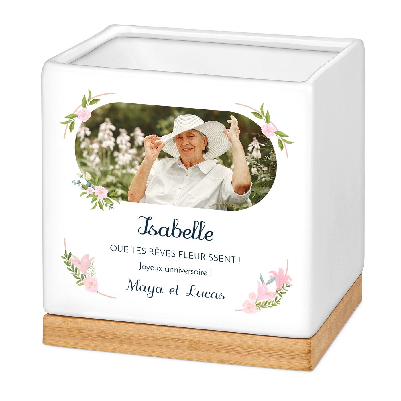 Maceta cuadrada de cerámica Murrano con impresión personalizada para ella en su cumpleaños