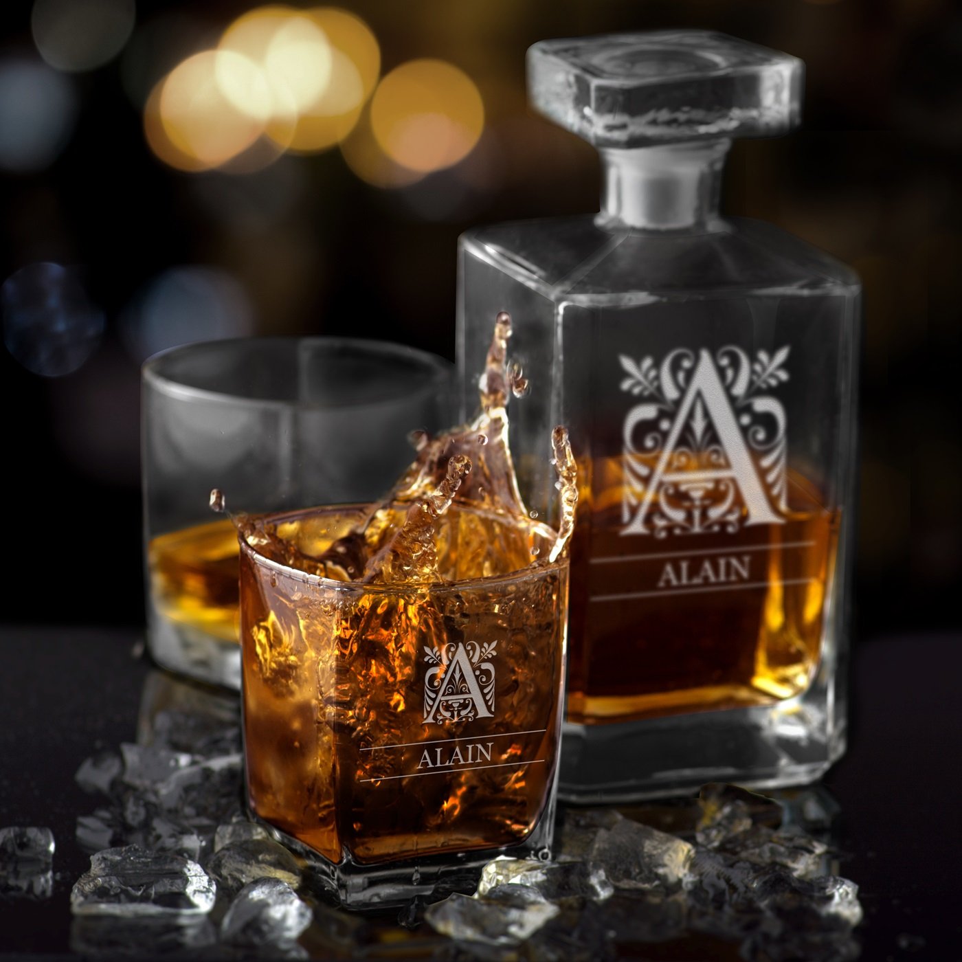Decantador de bourbon y 2 vasos con grabado láser Murrano para hombre elegante