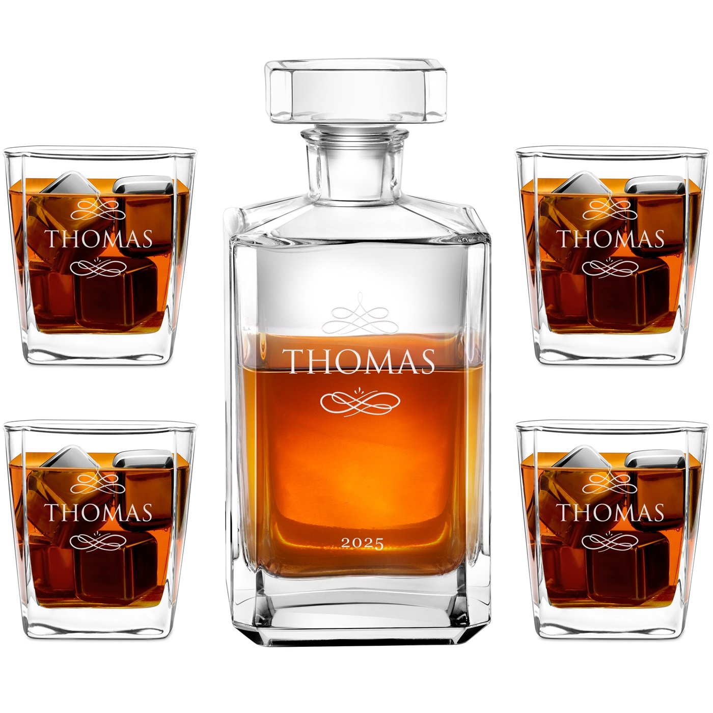 Carafe de bourbon y 4 vasos Murrano con grabado personalizado para hombre