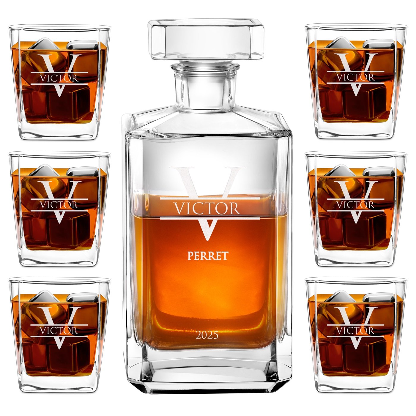 Set de decantador de bourbon con 6 vasos y grabado láser de Murrano