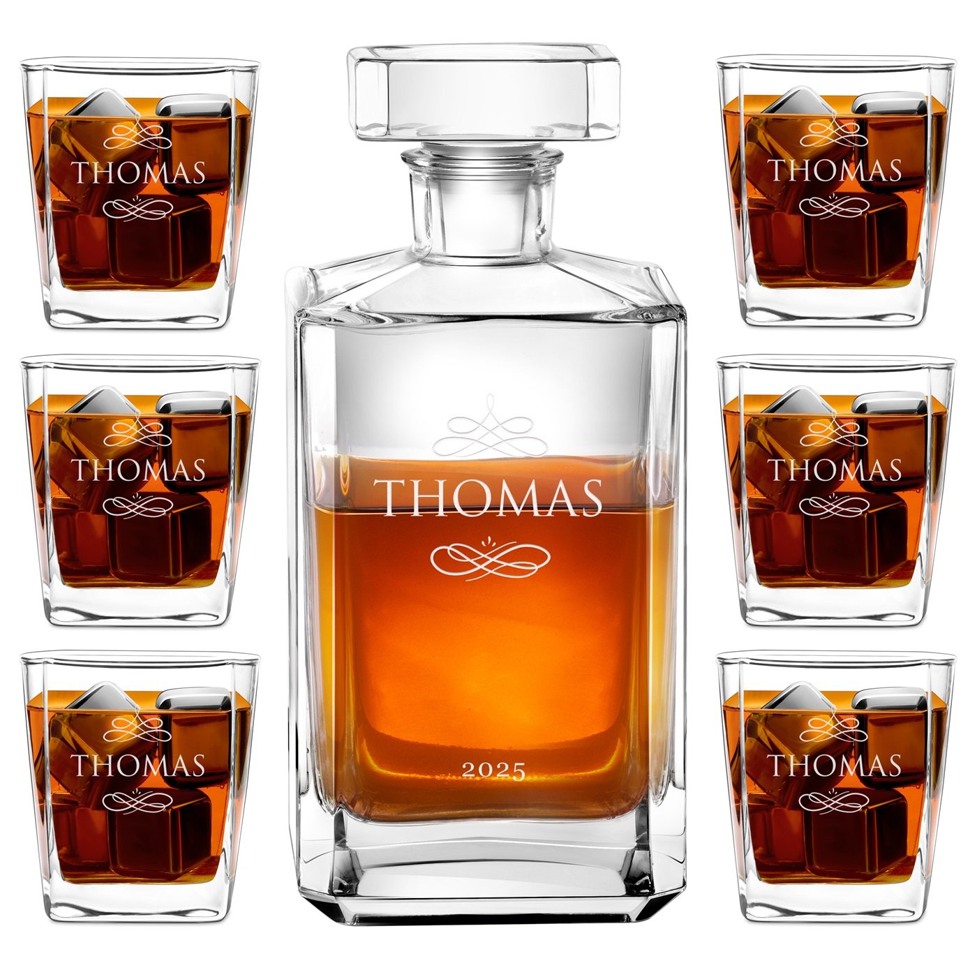 Set de decantador de bourbon con 6 vasos y grabado personalizado para hombre