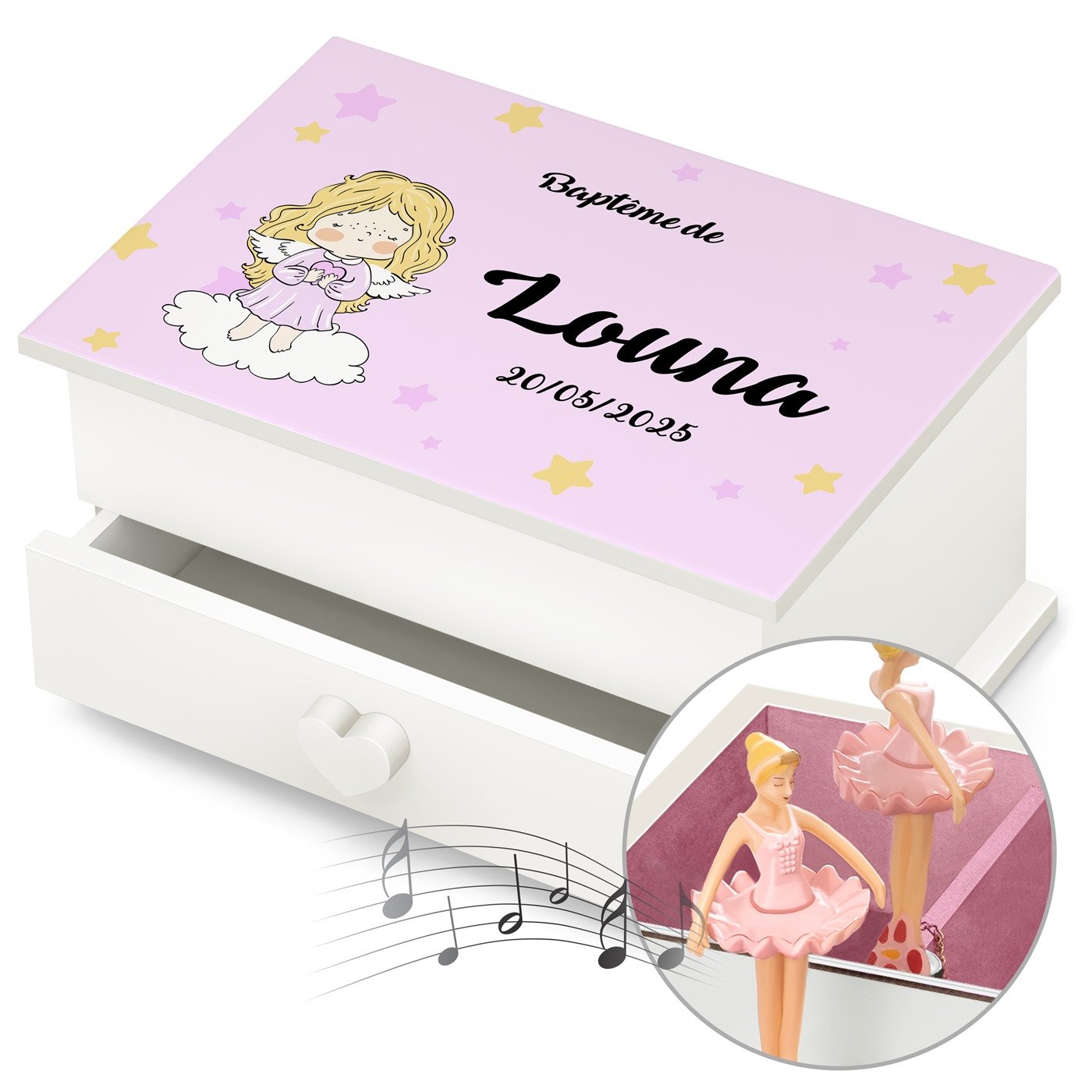 Caja musical Murrano con cajón personalizado para el bautizo de una niña
