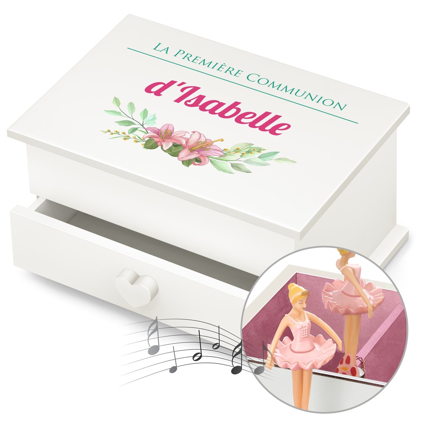 Murrano Music Box with Drawer - Customized First Communion Gift for Girls