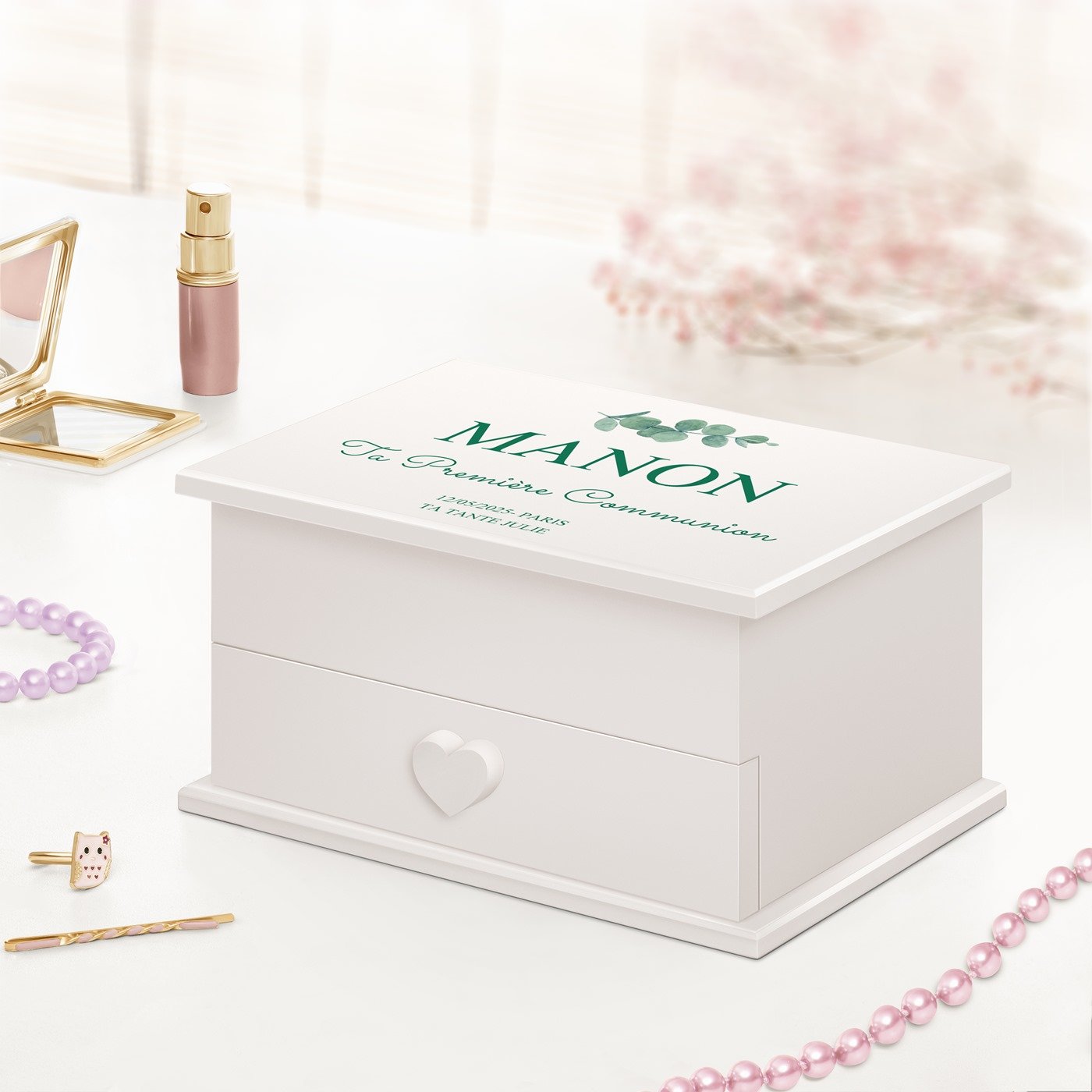 Caja musical Murrano con cajón personalizada para la primera comunión de una sobrina