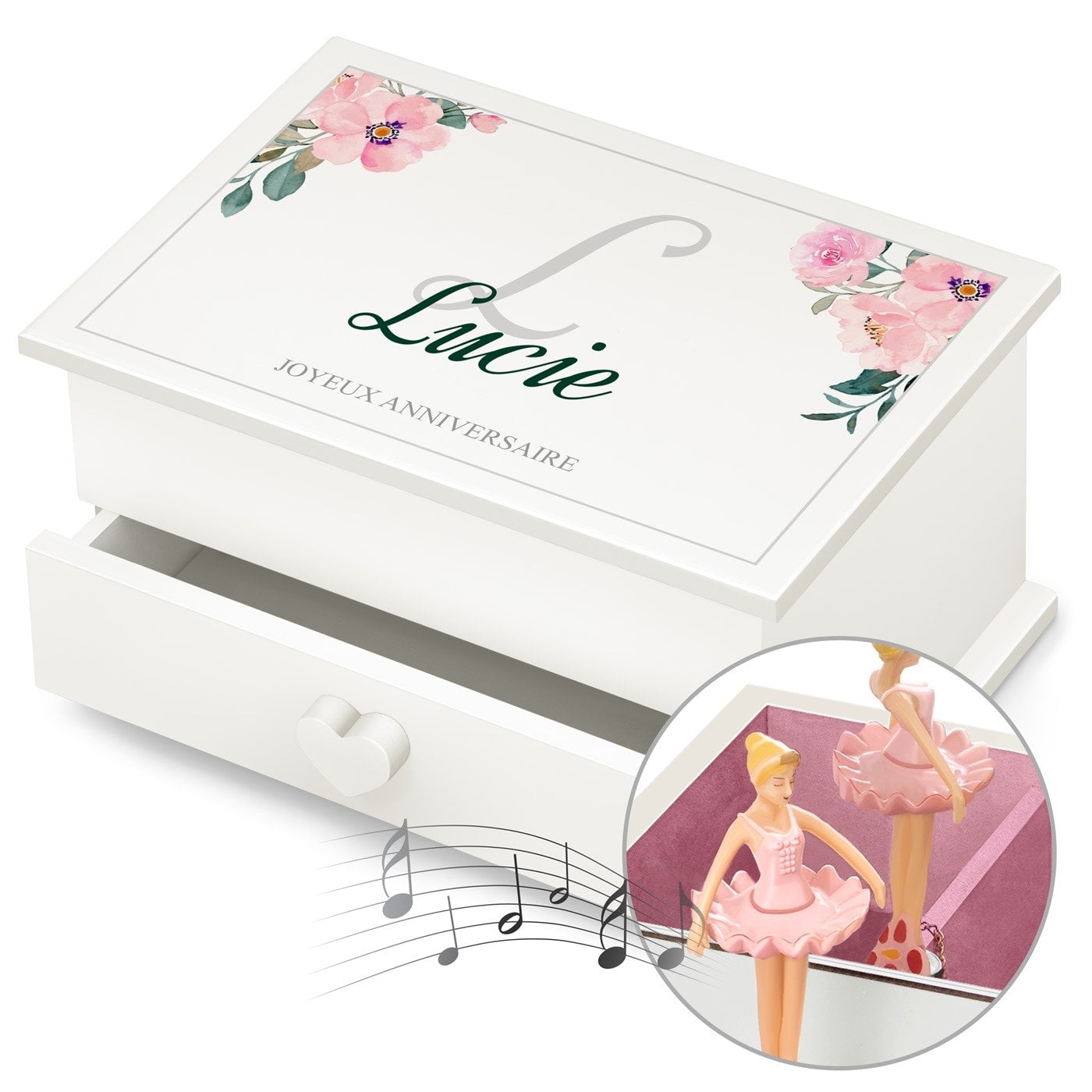 Caja musical Murrano con cajón personalizado para el cumpleaños de una joven