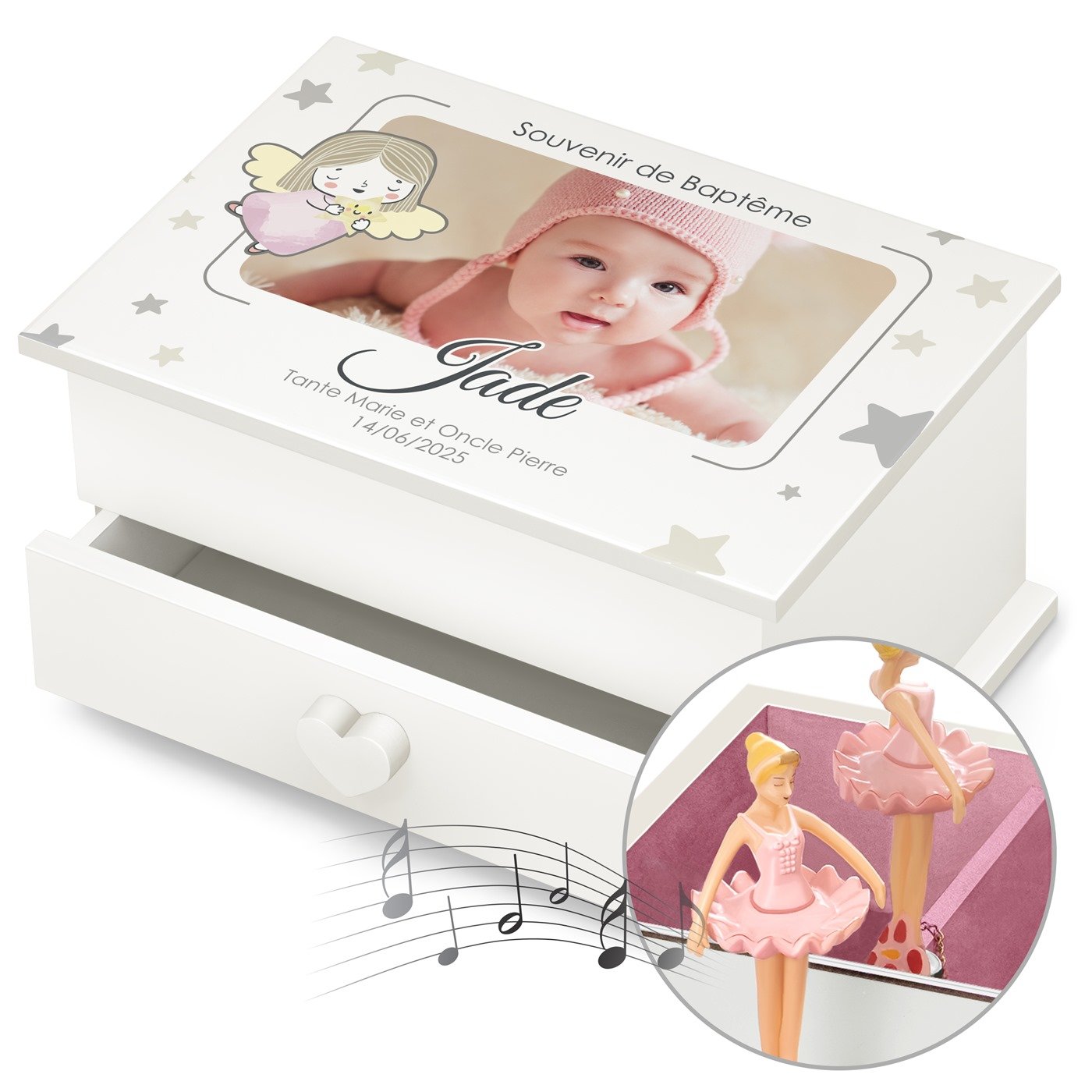 Caja de joyas personalizada de Murrano para el bautizo de su sobrina
