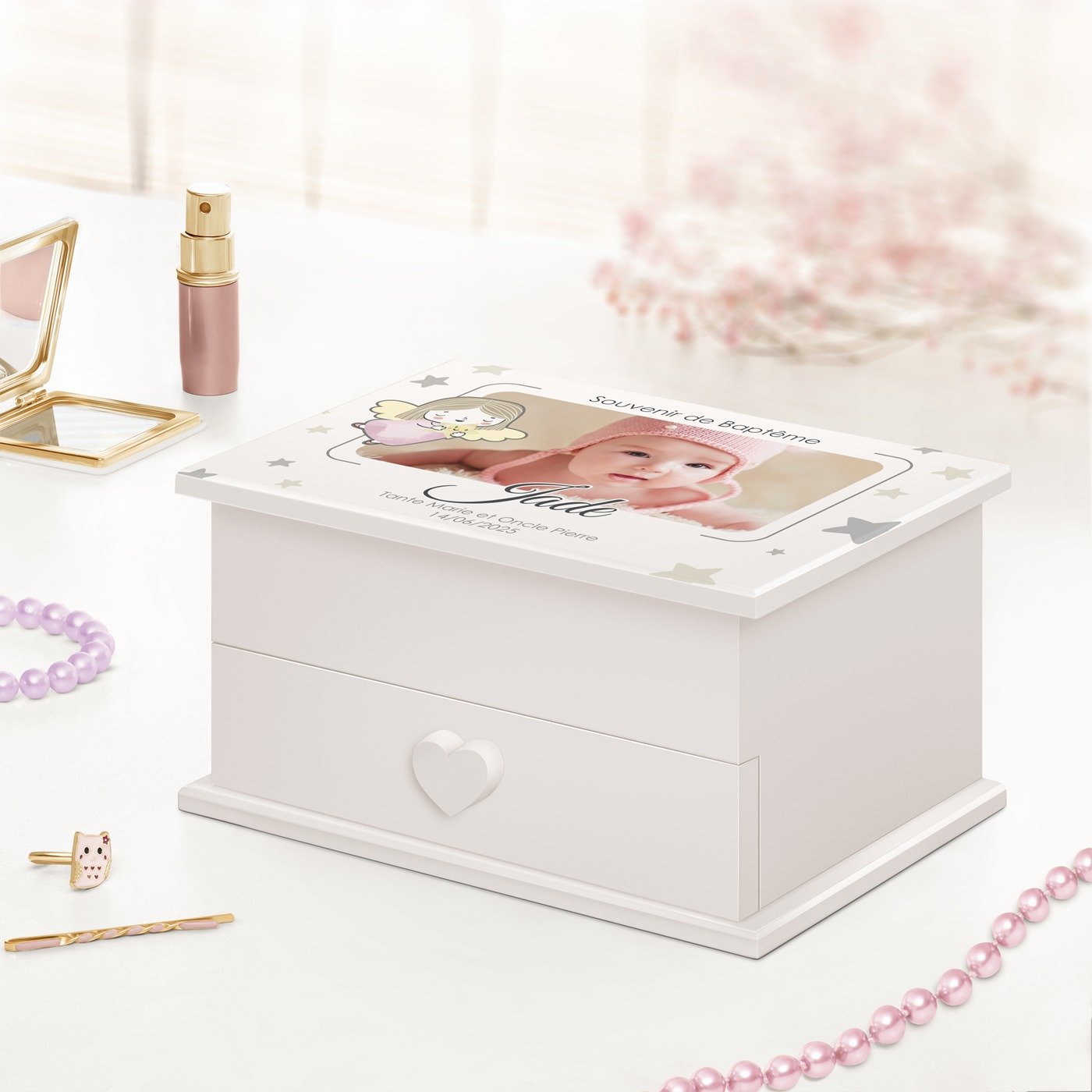 Caja de joyas personalizada de Murrano para el bautizo de su sobrina