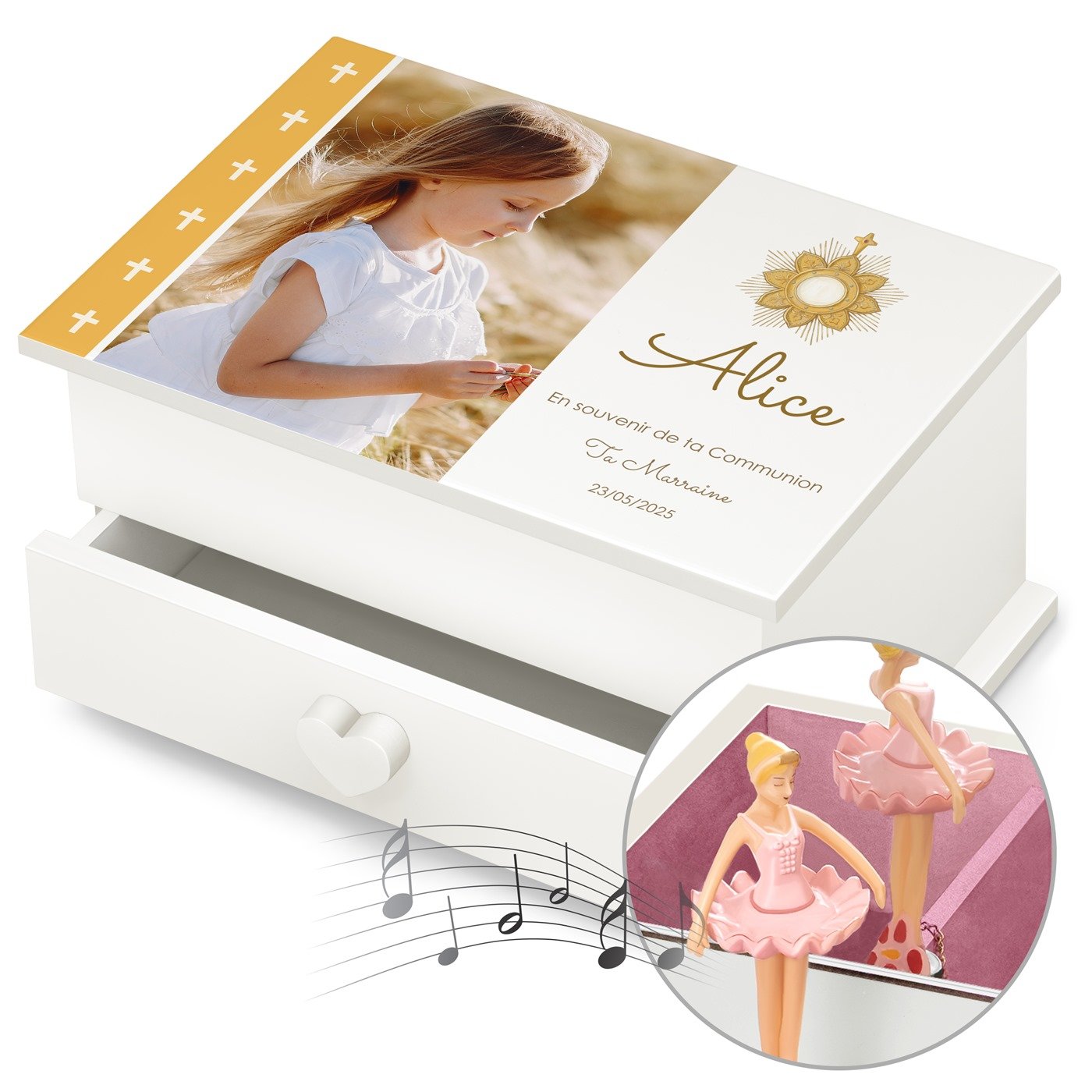 Murrano Personalized Jewelry Box with Dancing Ballerina for Goddaughter's Communion