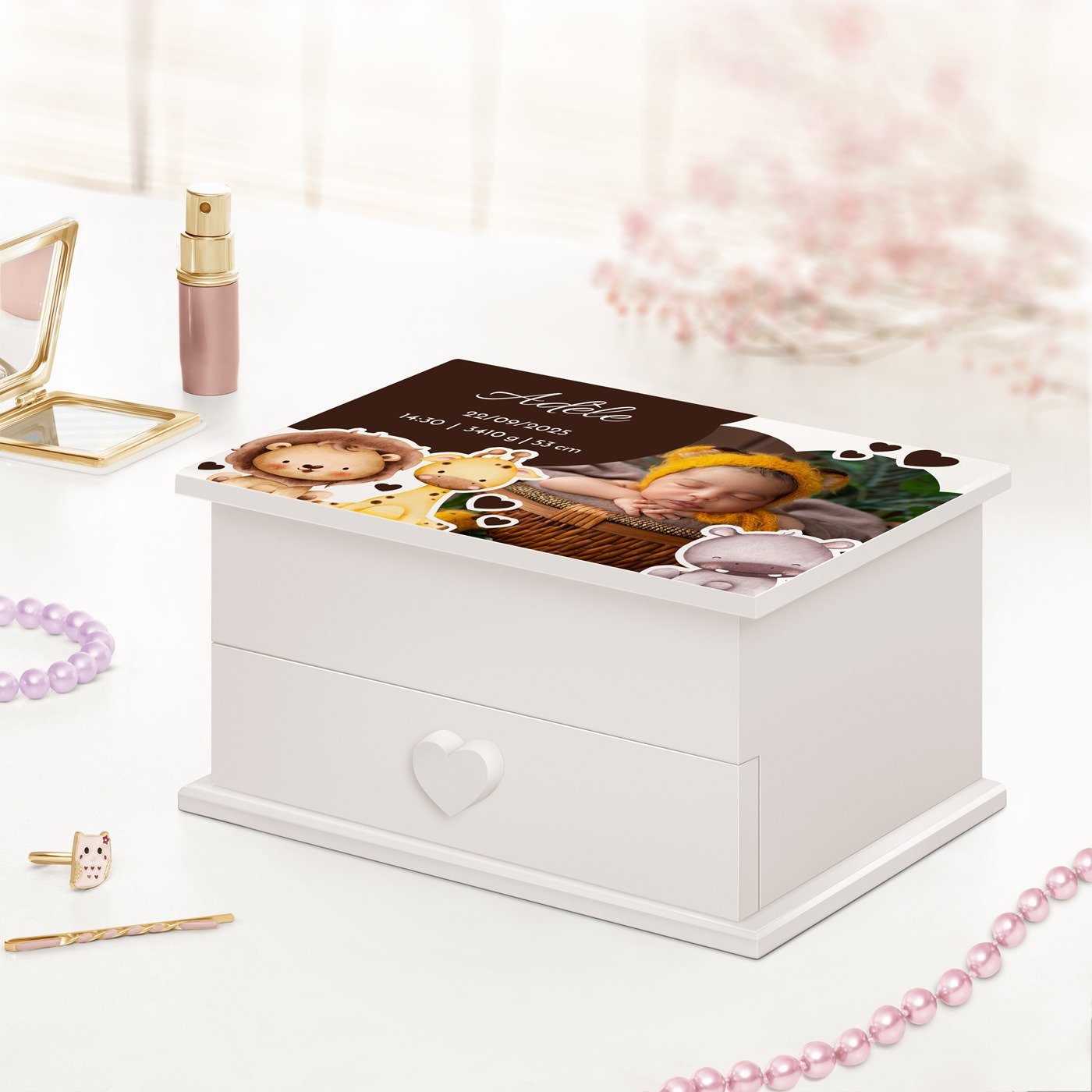 Caja de joyas personalizada Murrano - Caja musical con foto impresa para el nacimiento de una sobrina