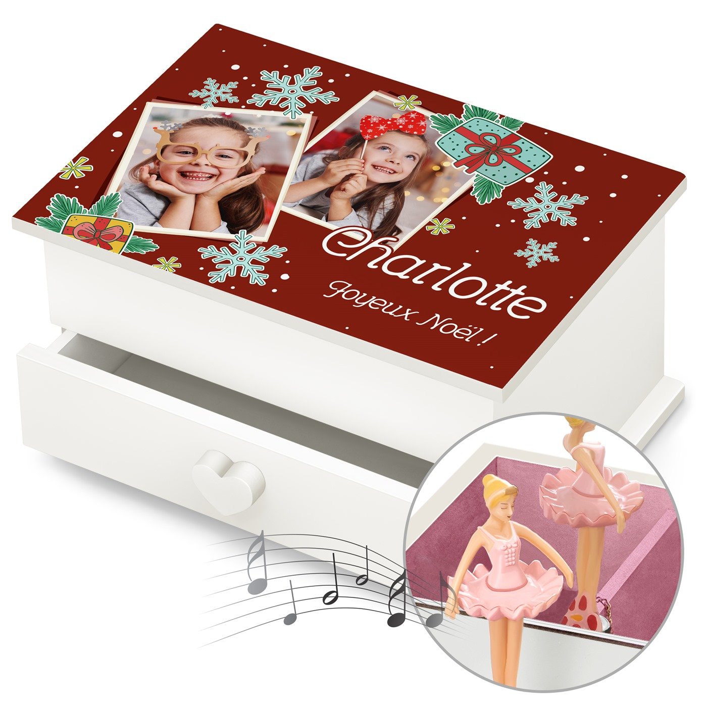 Murrano Music Box Jewelry Box with Custom Photo for Girl, Holiday Gift