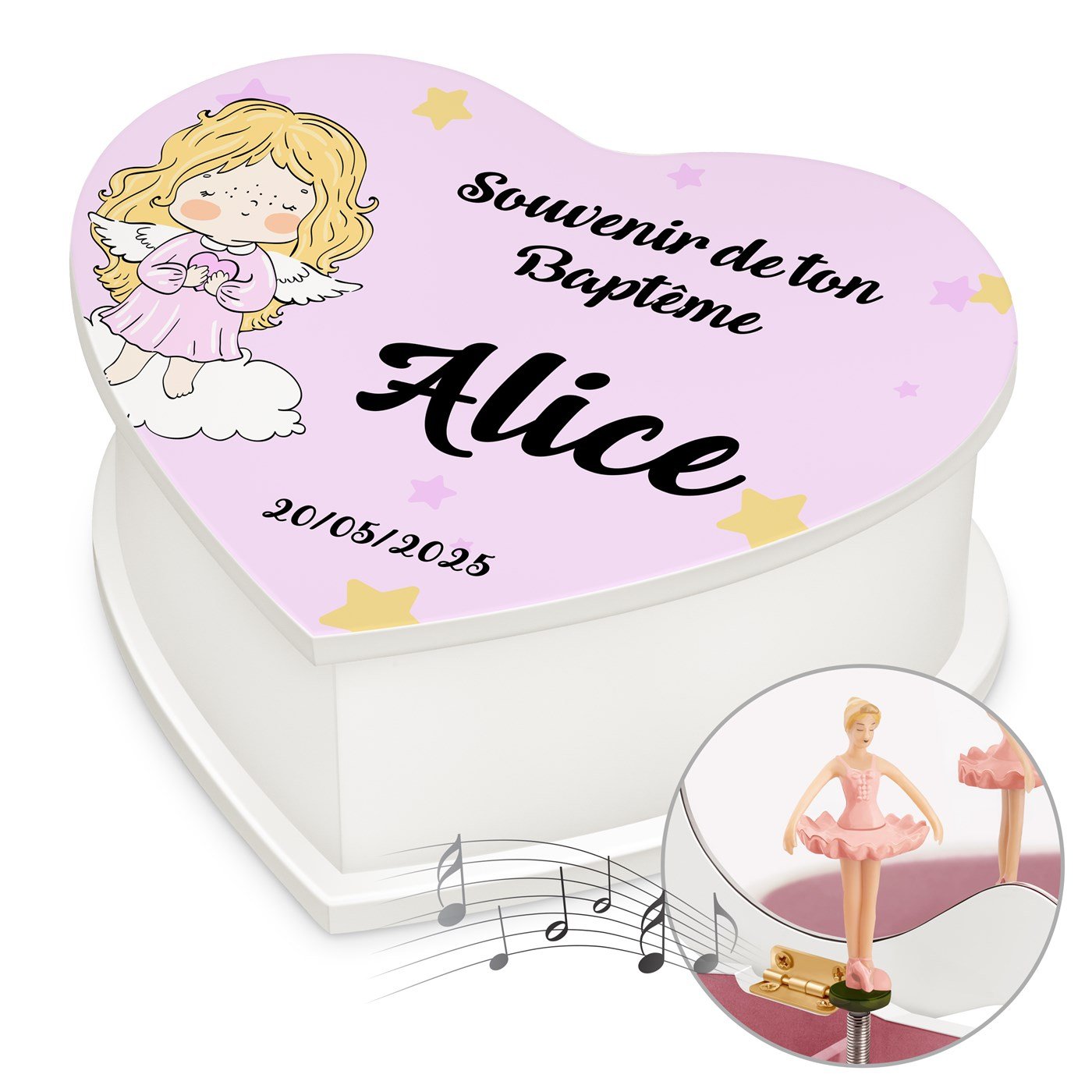 Murrano Personalized Heart-Shaped Music Box for a Little Girl's Baptism