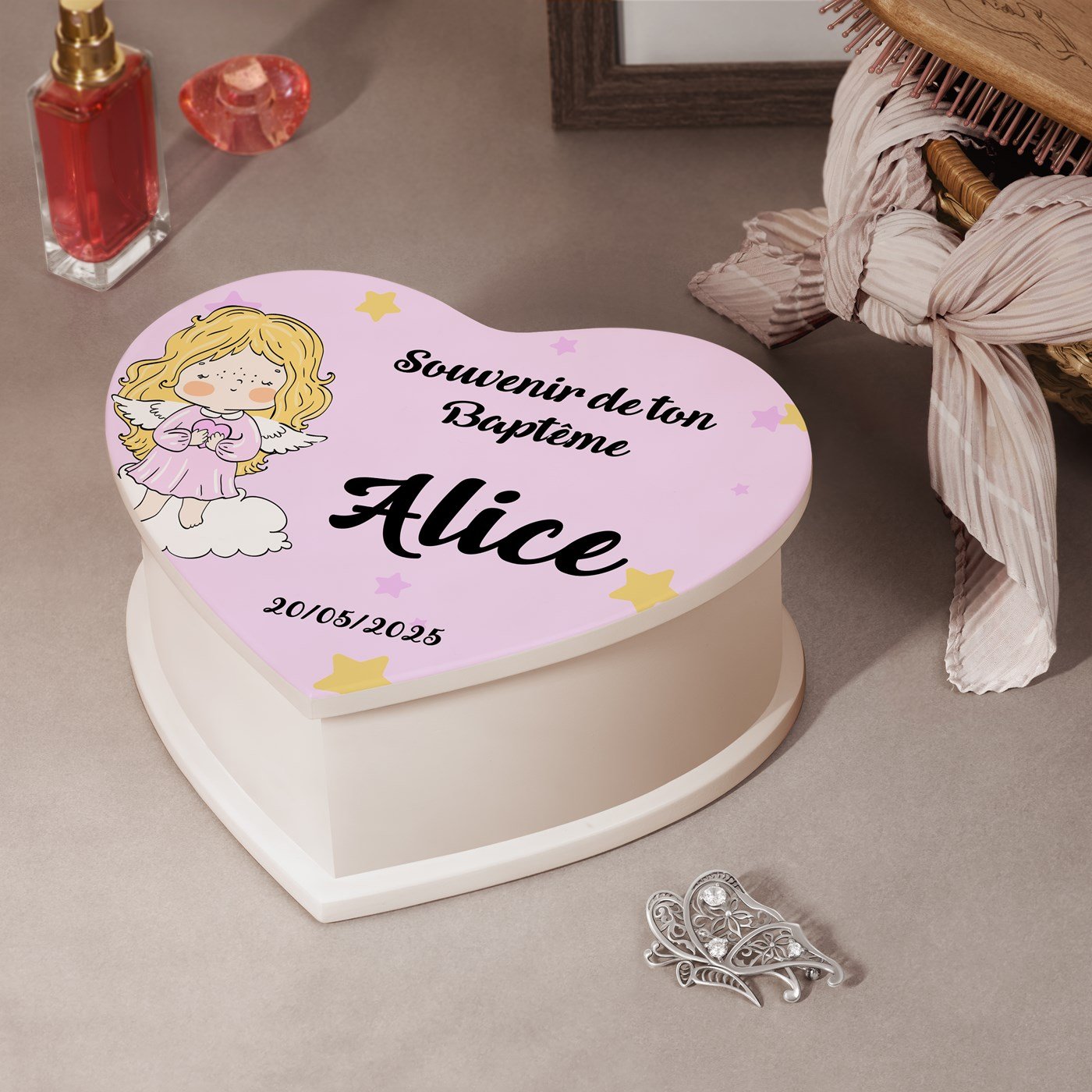 Murrano Personalized Heart-Shaped Music Box for a Little Girl's Baptism